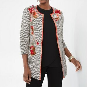 Chico’s Artisan Applique Floral Embroidered 3/4-Sleeves Open Front Jacket XXL